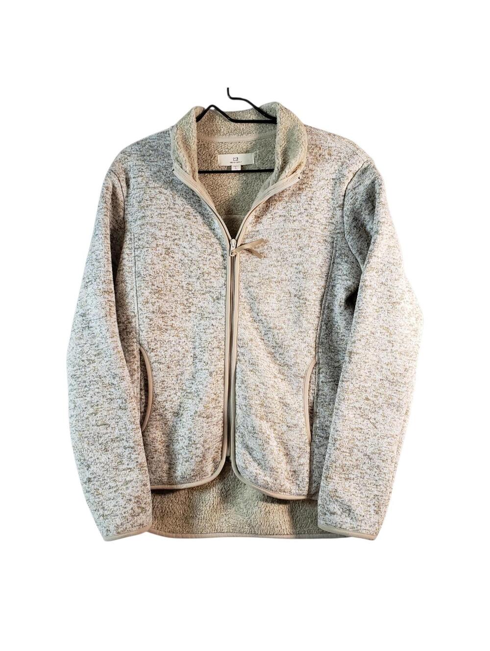 Thread & Supply Women's Knit Sweater Full Zip Mock Neck Beige Gray Small Pockets